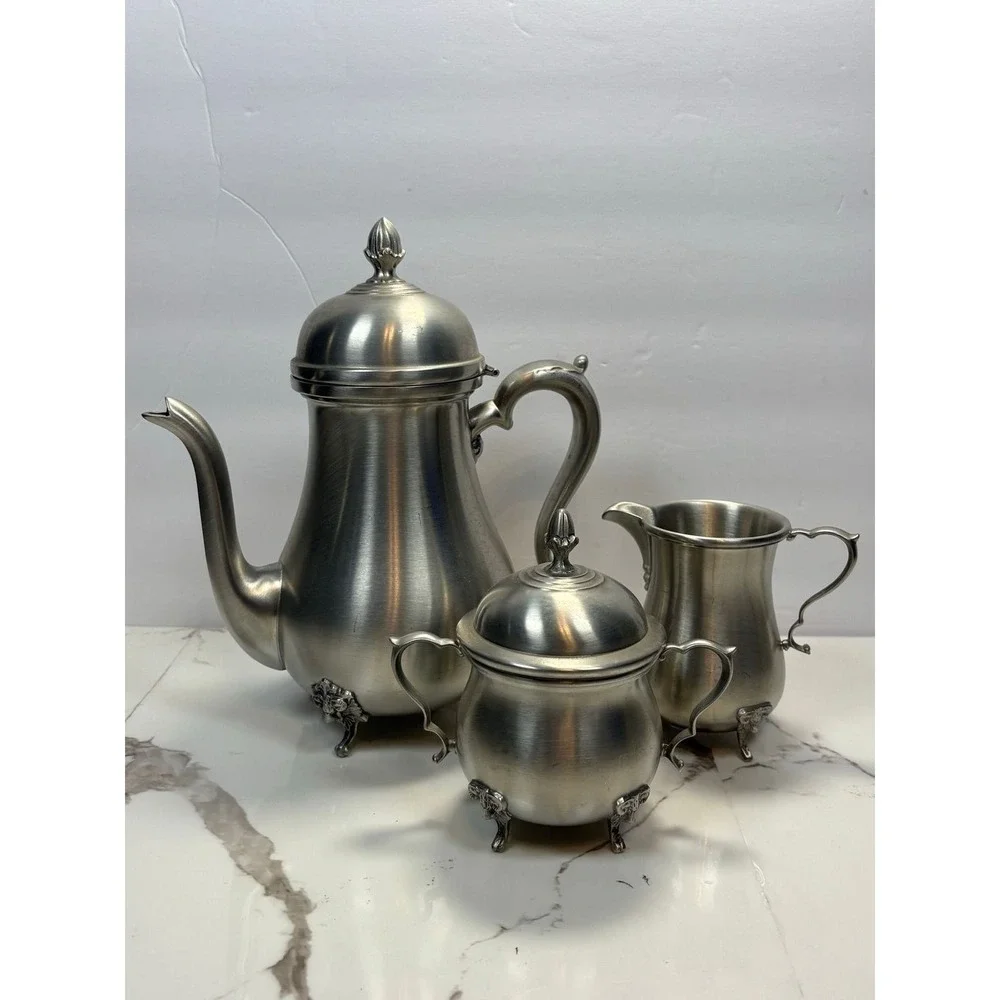 Boardman Pewter Tea Coffee‎ Set 3pc Rams Head Feet Teapot Sugar Creamer